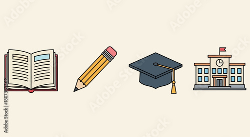 Hand drawn illustrations depicting education elements like book pencil graduation cap and school