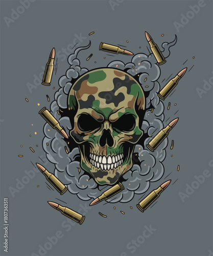 Camo Skull Surrounded by Bullets and Smoke a Symbol of Force and Warfare Themed Illustration