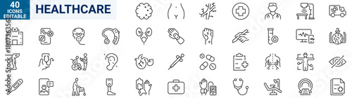 Healthcare related line icon set. Medicine and Health Care symbols. Emergency, medical equipment, doctor, lab, virus, prescription. Editable stroke