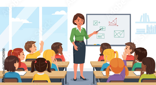 A cheerful teacher instructs a class of eager students in a brightly lit classroom environment