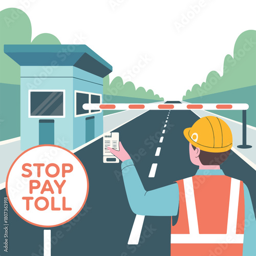 Worker at toll booth holding phone with stop pay toll sign road barrier 1