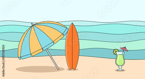 Tropical beach scene with umbrella surfboard and cocktail for summer vacation vibes