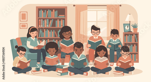 A Diverse Group of Children Engaged in Reading with an Adult in a Cozy Room Setting