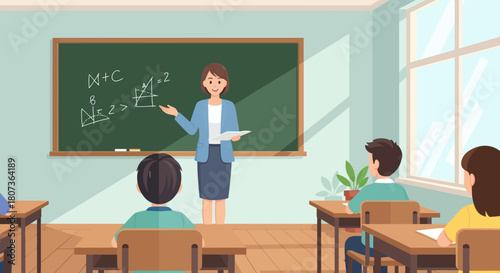Illustration of a female teacher explaining math problems in a classroom setting to students