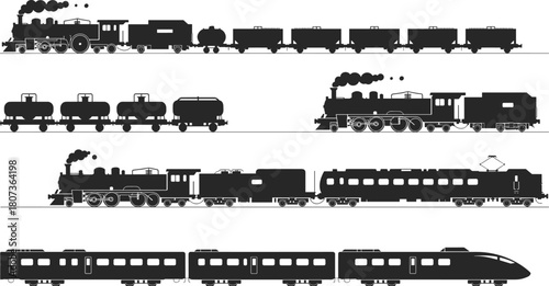 Train and locomotive silhouette set, steam engines, freight wagons, tanker cars, passenger trains, transportation icons for rail travel, logistics, and industry