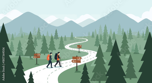 Two hikers explore a scenic mountain trail amidst nature's beauty and serenity, embracing outdoor