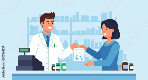 Professional pharmacist handing over medication to a customer in a modern pharmacy setting