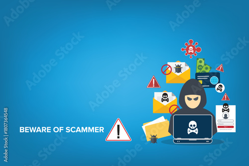 Hacker, scammer in front of his computer committing digital cybercrime. Beware concept