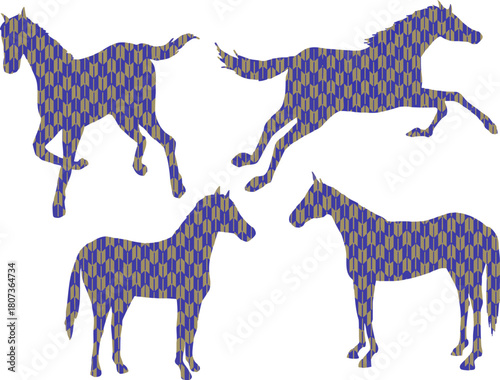 馬　和柄矢絣模様　シルエットイラスト　セット