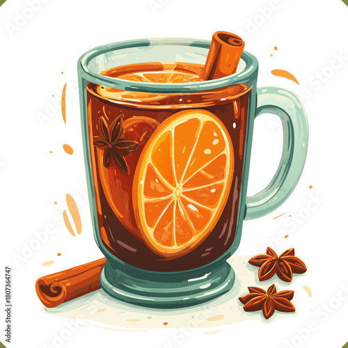 Vector illustration of a tall glass of mulled orange drink with cinnamon stick, star anise, slice of citrus, isolated on a white background. Vector illustration of winter beverage