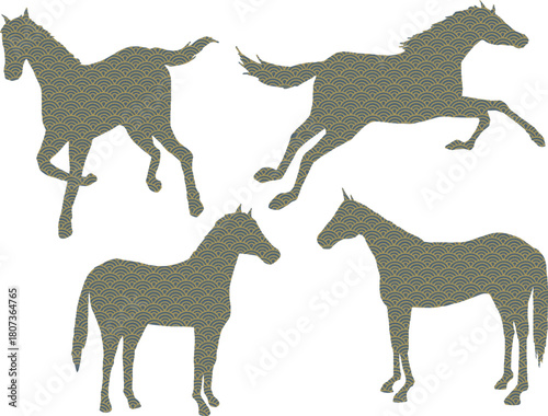 馬　和柄青海波　シルエットイラスト　セット