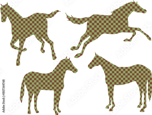 馬　和柄市松模様　シルエットイラスト　セット