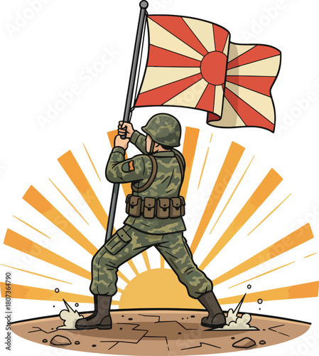 Cartoon Soldier Holding Rising Sun Flag Symbolizing Military Power and National Allegiance with Dramatic Background