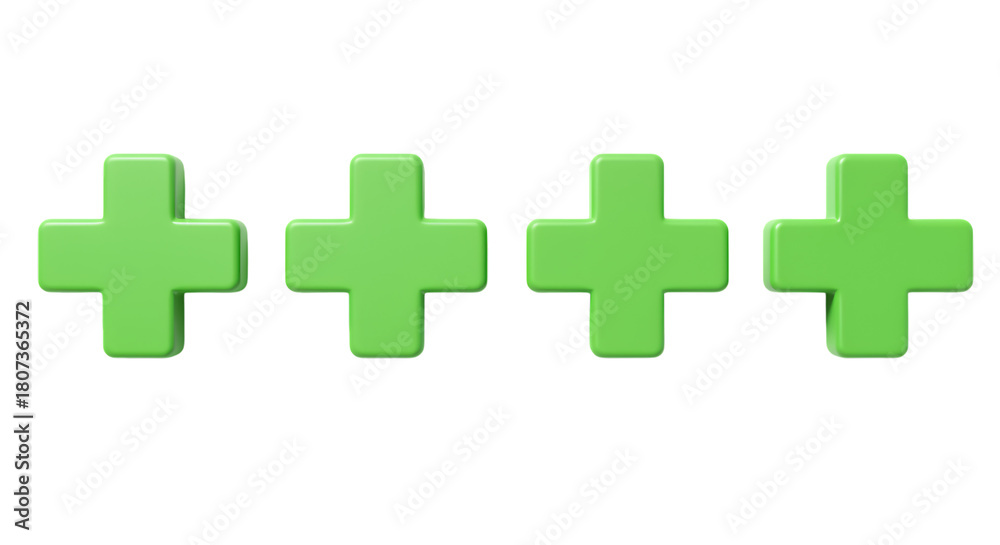 Fototapeta premium Four Green 3D Plus Symbols render isolated on a transparent background