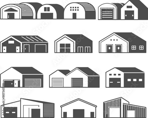 Warehouse and storage building icon set, industrial facility silhouettes, garages, barns, workshops, commercial structures for construction, logistics, real estate, and architecture