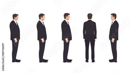 Set of business man character poses in formal suit front side and back views male professional standing posture vector illustration minimalist style for animation design