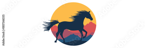 Silhouette of galloping horse with flowing mane and tail against mountain landscape and orange sunset circle background in minimalist flat vector style