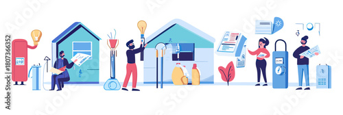 Flat minimalist illustration of people managing household energy consumption and utility bills with smart devices and light bulbs in modern homes concept