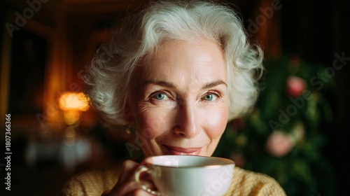 Close-up portrait of an elderly woman with white hair. she is holding a white coffee cup in her hand and is looking directly at the camera with a slight smile on her face.