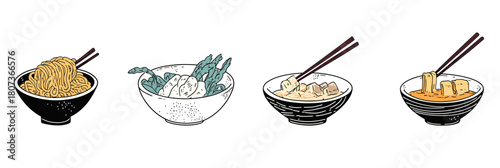 Vector illustration set of Chinese food bowls with noodles dumplings tofu and chopsticks in flat minimalist style with hand drawn texture details