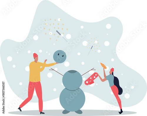 Father and daughter are making a snowman together. Winter holidays and family concept.