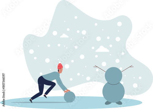 A character in a Santa hat is making a snowman. Winter concept.