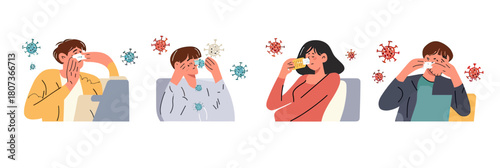 People experiencing flu symptoms including sneezing, coughing, and headache surrounded by virus particles in flat minimalist vector style
