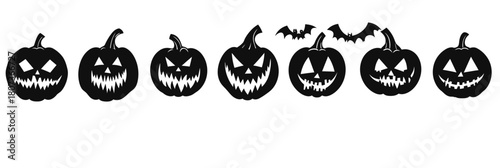 Collection of Halloween jack-o-lantern pumpkin silhouettes with spooky carved faces and flying bats in black and white flat vector style for spooky decorations and seasonal design