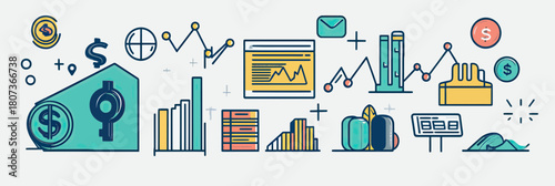 Flat minimalist line art illustration of financial investment charts, stock market graphs, global currency symbols, business analytics, and trading data icons for economic growth concept design