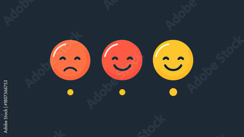 Flat minimalist feedback emoji set with sad, neutral, and happy faces in vibrant colors on dark background for user rating concepts