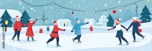 Group of diverse people wearing winter clothes and Santa hats ice skating together on outdoor rink decorated with colorful lights in snowy Christmas landscape