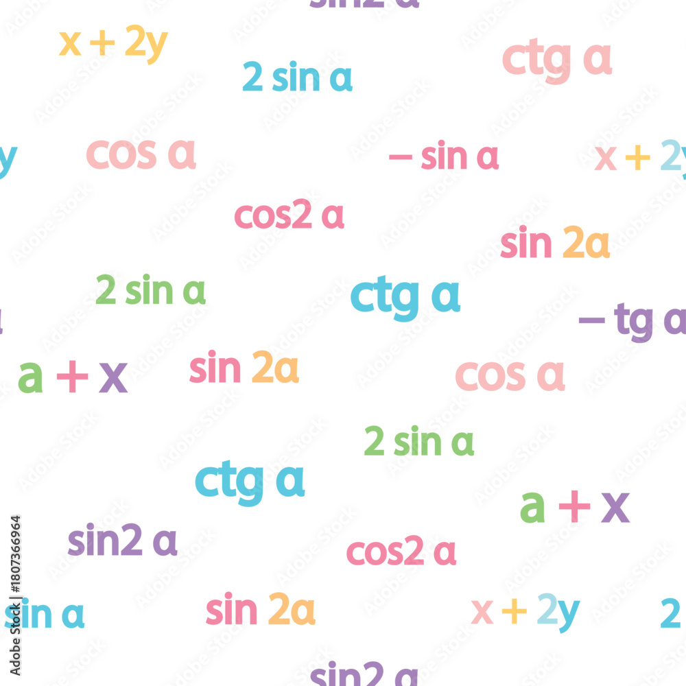 Obraz premium Seamless pattern with mathematical formulas and numbers. Algebra and geometry, calculations tangent, cotangent, sine, cosine