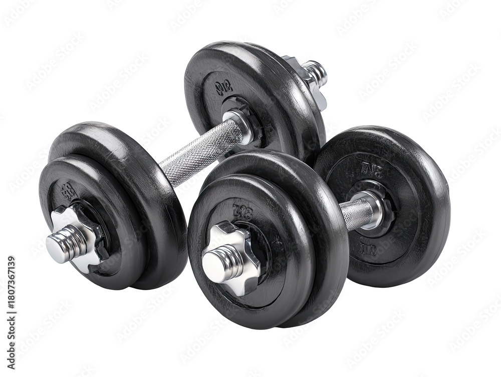 Naklejka premium Two black dumbbells, metal handles, and round weights, resting atop each other