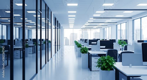 Illustration of bright and modern office space with rows of desks and computers