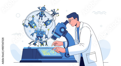 Futuristic scientific research with miniature robots under microscope illustration
