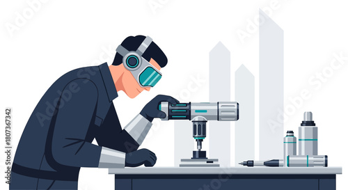 Futuristic scientist conducting research with advanced tools in laboratory setting, illustrating