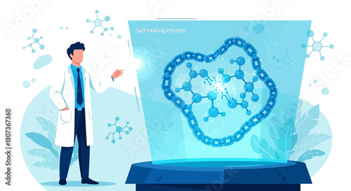 Futuristic scientist showcasing self-healing polymer technology with molecular chain illustration