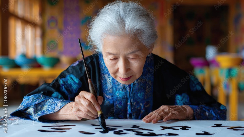 Fototapeta premium Elderly asian woman with white hair, wearing a blue and black traditional chinese dress, sitting at a table and writing on a piece of paper with a brush.