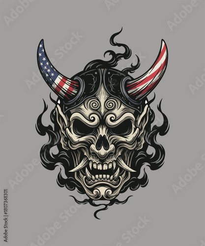 Intricate Oni Mask Vector Illustration with American Flag Horns Symbolizing Cultural Fusion and National Identity