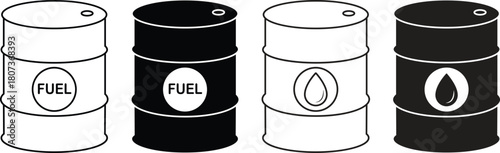 Oil barrel icons in outline and silhouette styles. Industrial oil drum vector illustration metal barrel liquid storage container fuel tank icon isolated on transparent background.