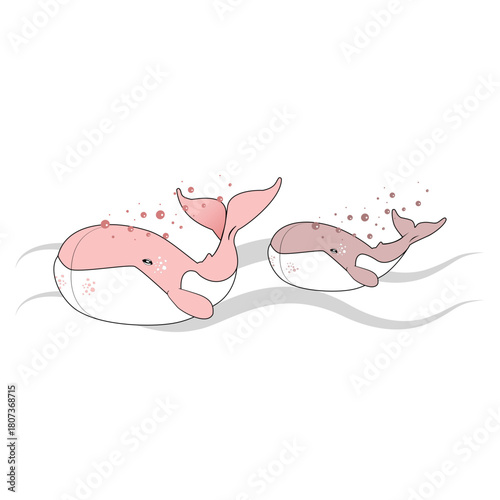 Vector illustration of a whale and its pink calf