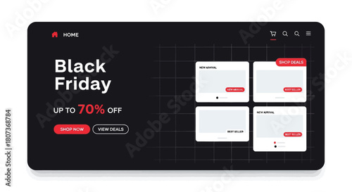 Black friday sale graphic with discount offer and product grid