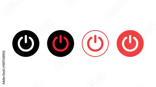 Four distinct power button icons demonstrating various on/off and standby states for digital interfaces and electronic device controls ui.