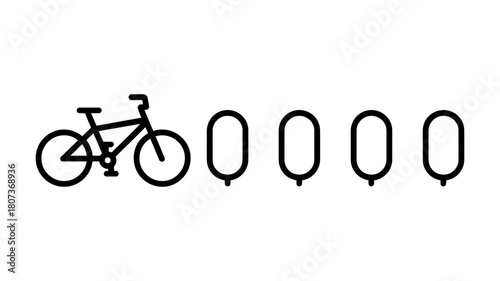 Minimalist line art icon of a bicycle next to an empty urban bike rack, depicting sustainable city transport, eco-friendly mobility. graphic.