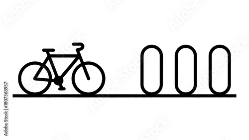 Bicycle parked next to a bike rack, a simple line art icon illustrating urban cycling, sustainable transportation, and city infrastructure