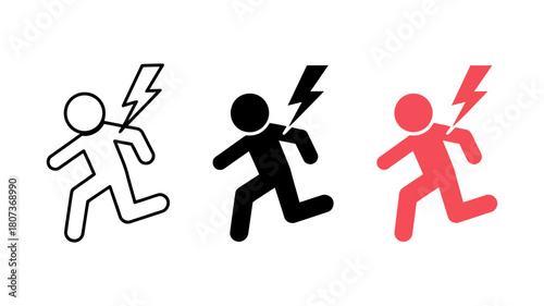 Icon of a person running with a lightning bolt on their back, representing sudden pain, electric shock, injury, danger, health issue, or warning sign