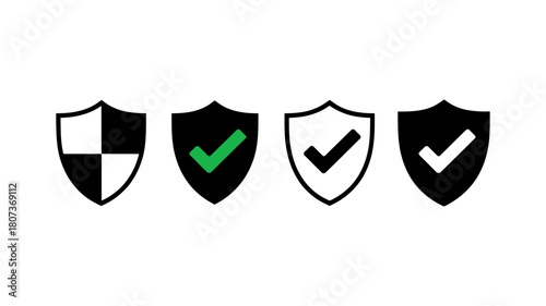 Set of four shield icons illustrating security, protection, and verification concepts with checkmarks, suitable for digital interface design and web applications