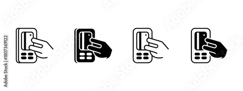 Payment terminal icon set, featuring a hand inserting a credit card into a pos system, illustrating secure transaction, banking, retail, and shopping services.