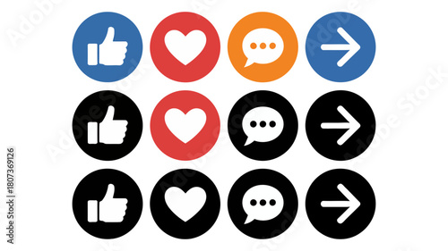 Digital social media engagement icons set: like, love, comment, share symbols in vibrant colored and monochrome circular designs, perfect for online interaction.