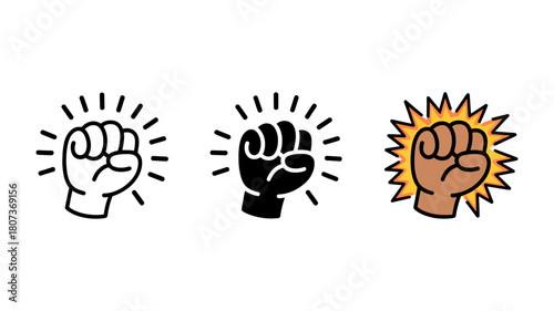 Diverse set of three powerful clenched fist icons in various styles, radiating strength, unity, protest, and determination on a clean backdrop.